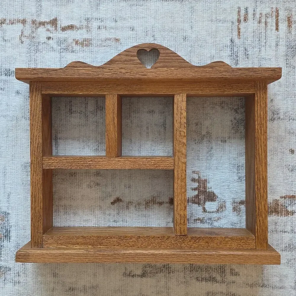 Vintage Golden Oak Trinket Shelf Heart Cutout Cottage Core Rustic 80s 90s READ